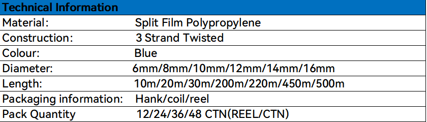 Polypropylene Rope Blue 6mm 8mm 10mm 12mm 14mm 16mm